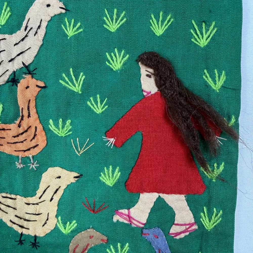 Vintage Peruvian Arpillera Folk Art Wall Hanging Handmade Village Scene 18x14.5